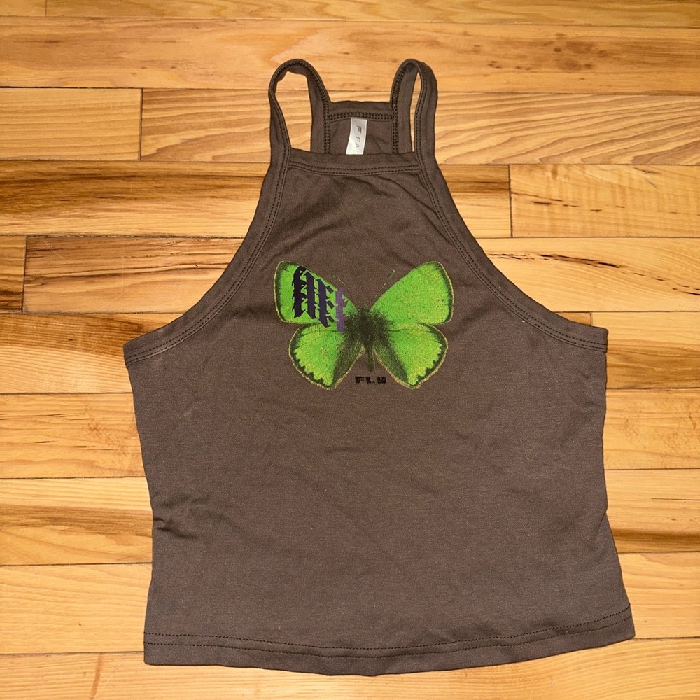 Fabletics Brown Tank Top with Green Butterfly